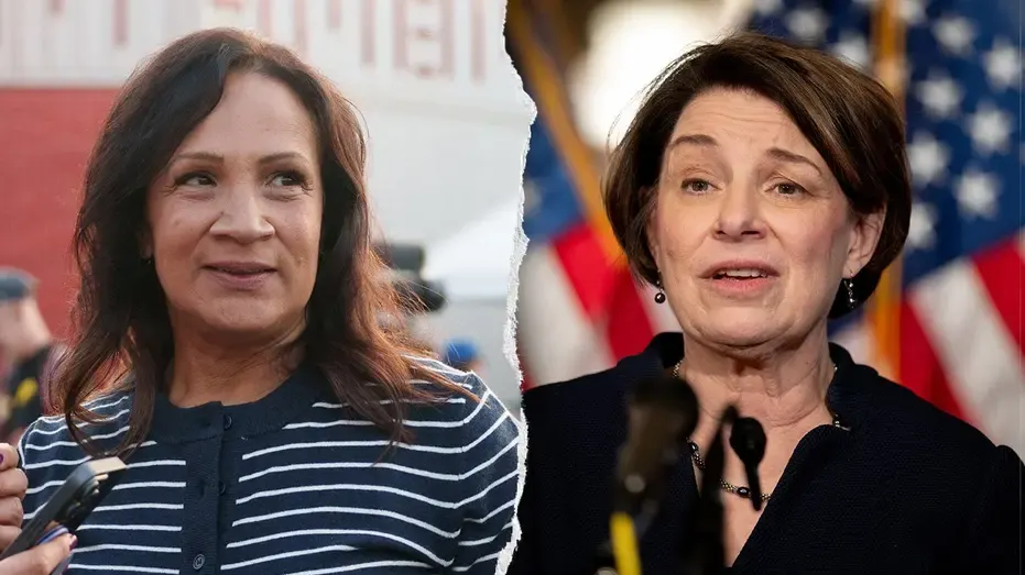Split image of two women, one speaking at microphones, one before an American flag