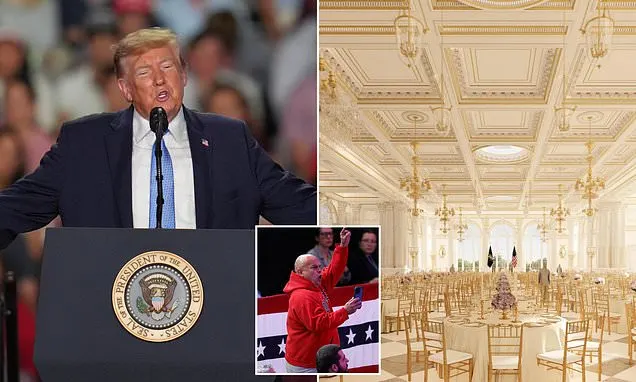 Collage: speaker at podium with presidential seal, gilded ballroom interior, and a man in red holding a phone amid flags.