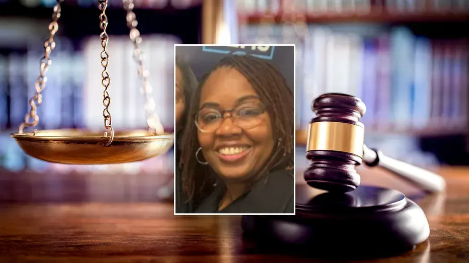 Smiling woman in glasses inset over a scales of justice and gavel background