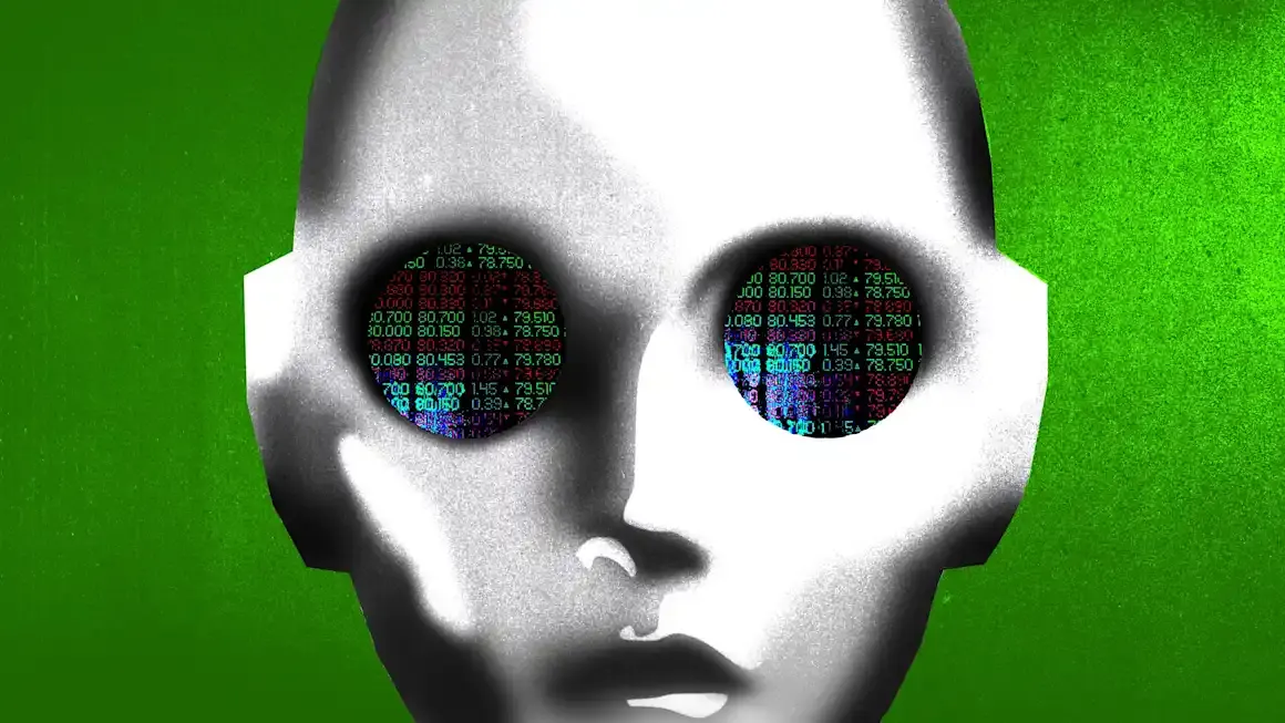 Stylized white humanoid face with glowing stock-ticker data in eyes on green background