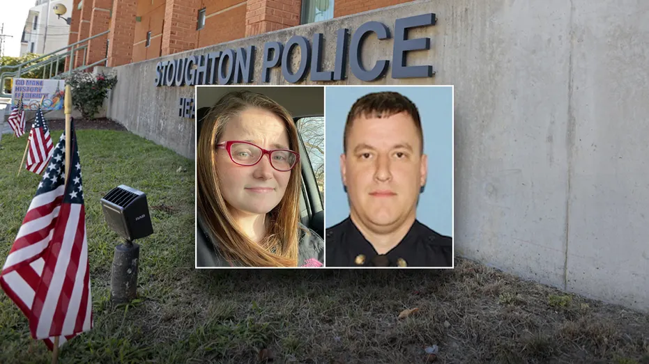 Composite: Stoughton Police building facade with flags, two inset portrait photos of people