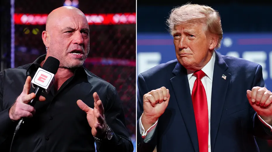 Split image: bald man with microphone speaking at left, man in navy suit and red tie gesturing at right.
