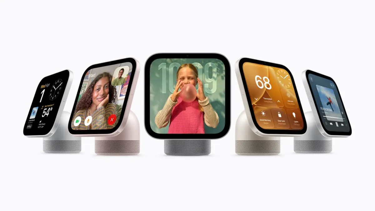 Five smart home hub devices with angled screens showing clock, video call, photo, thermostat, music.