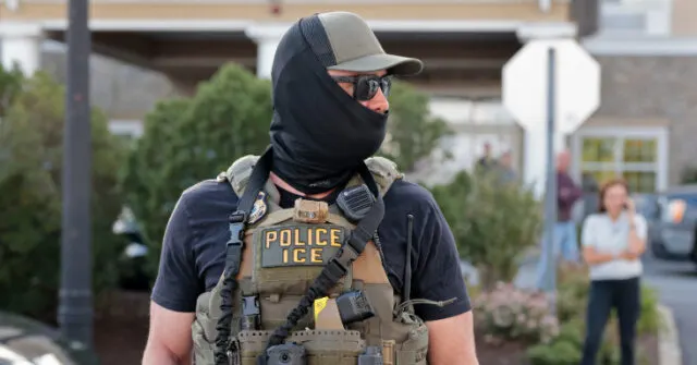 Masked officer in tactical vest marked POLICE ICE standing on a street, with a bystander behind.
