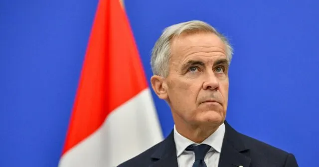 Man in dark suit and tie beside red and white flag against blue backdrop, looking serious.